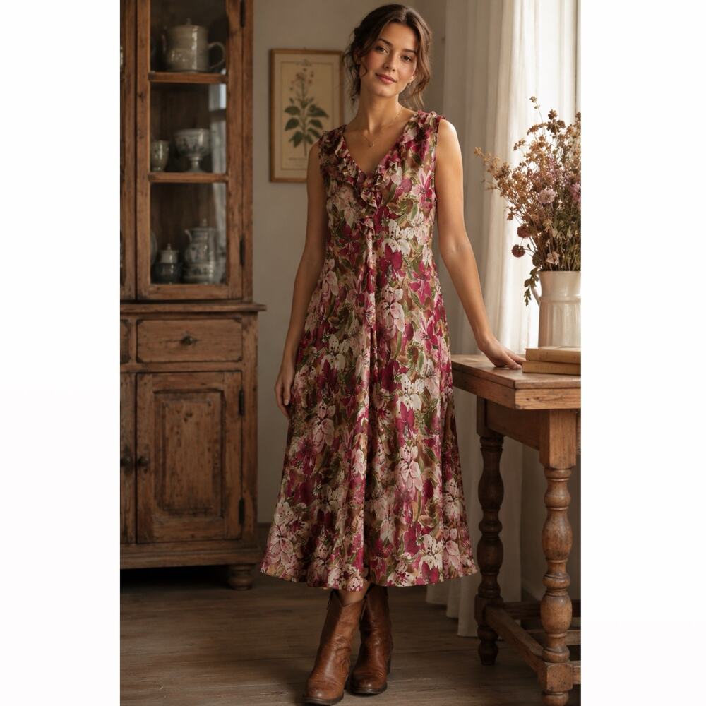 Vintage Coldwater Creek Silk Floral Ruffle Midi Dress